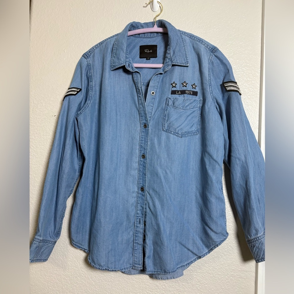 Rails Military Patch Lightweight Chambray Long Sleeve Casual Button Down Shirt